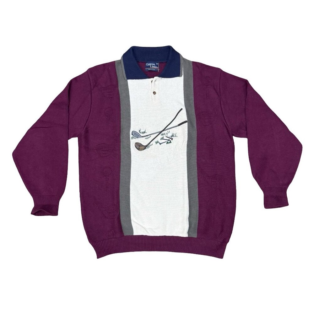 Cypress Links Golf Themed Sweater Burgundy White Mens M Made In USA Dad Gift
